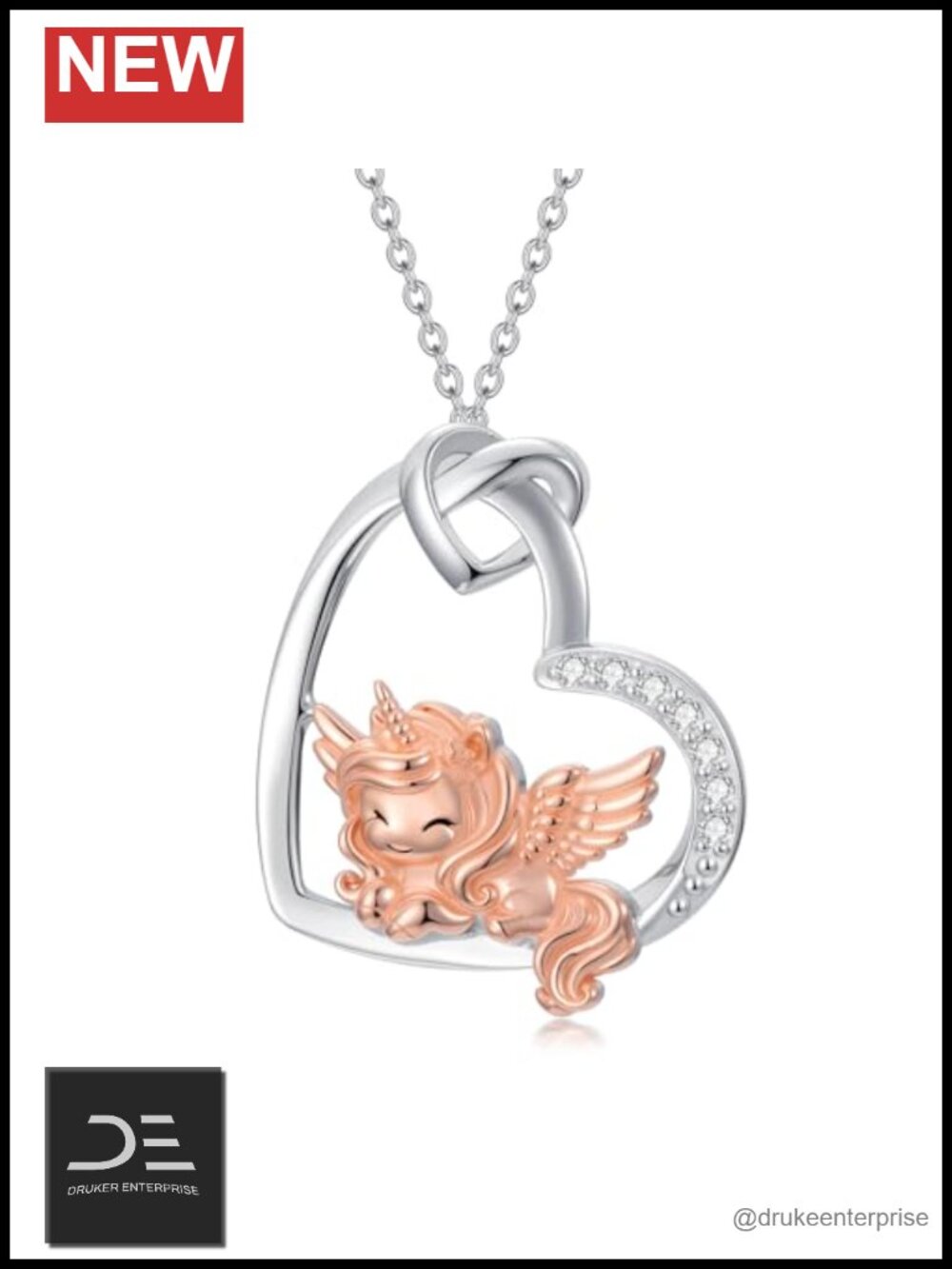925 Sterling Silver Unicorn Pendant Necklace with Lab Grown Diamond Moon Charm